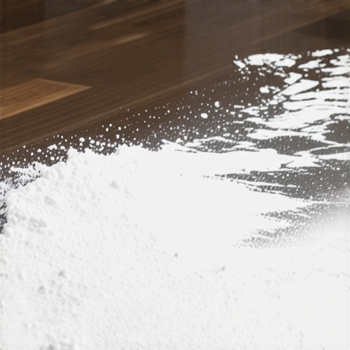 Close-up of wet drywall dust turning into abrasive paste on a hardwood floor