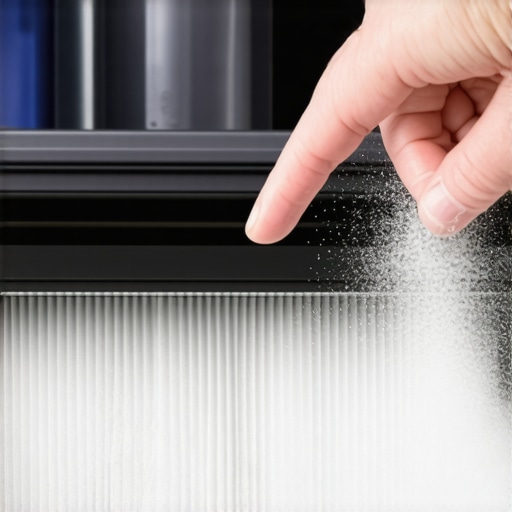 Clogged household vacuum filter with fine white drywall dust escaping