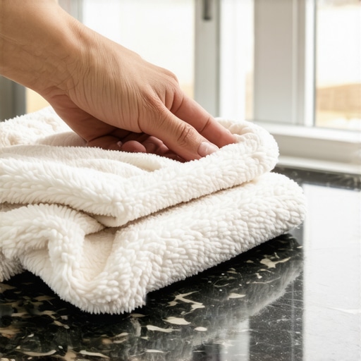Person hand buffing a marble countertop with a microfiber cloth to create a high-gloss shine.