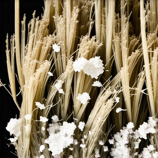 Microscopic view of carpet fiber debris and salt crystals