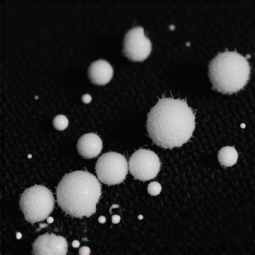Close up of carpet fibers with sticky residue trapping dust particles