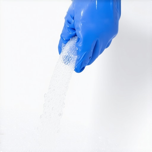 Close up of rinsing soap residue off fabric vertical blinds to prevent dust attraction.