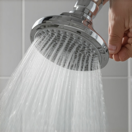 Close up of hand cleaning silicone shower nozzles under running water.