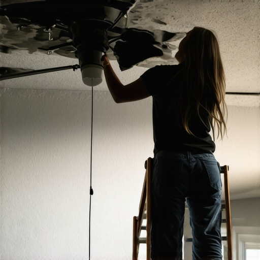 Person using a pillowcase to trap dust from a ceiling fan blade while standing on a ladder.