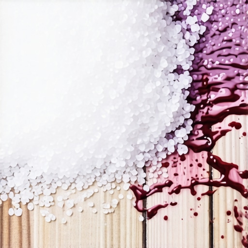 Close up of salt pulling red wine from wool rug fibers