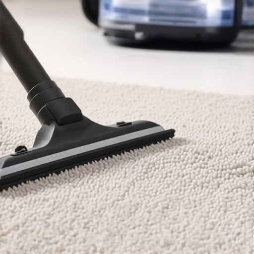 A person using a squeegee to remove embedded pet hair from a carpet before vacuuming.