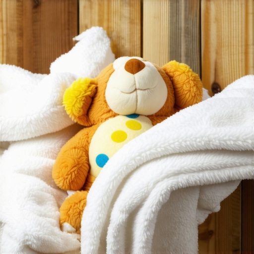 A stuffed bear being rolled in a white towel to remove water safely.