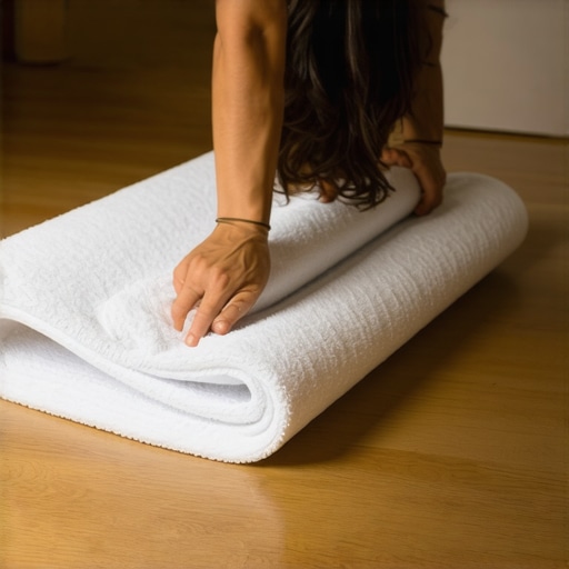 Step-by-step guide to drying a yoga mat after a deep clean using a towel roll technique.