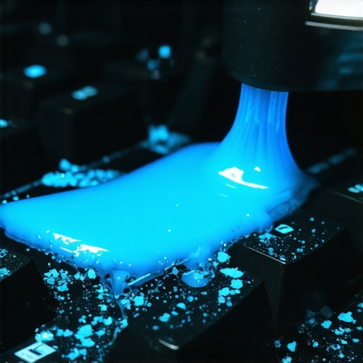 Blue cleaning putty lifting dust and debris from a black computer keyboard.