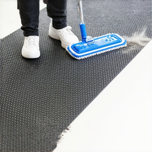A flat microfiber mop cleaning a black rubber home gym floor.