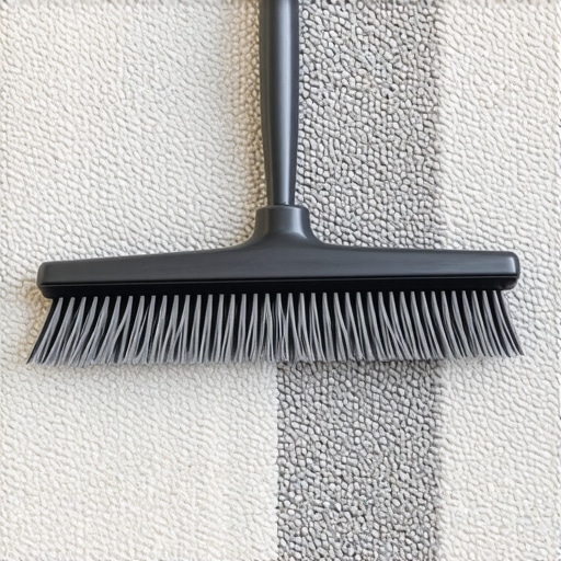 Professional carpet rake lifting fibers on a grey rug