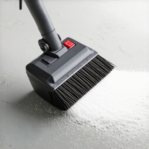 Close up of industrial vacuum nozzle cleaning concrete dust