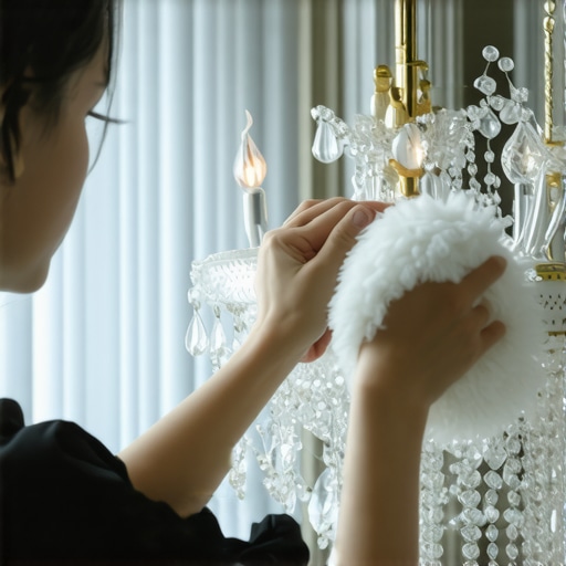Using a Lambswool Duster for Chandelier Maintenance A person cleaning a crystal chandelier with a professional telescoping lambswool duster.