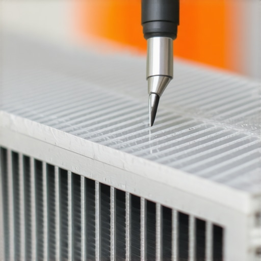 A hand using a stainless steel fin comb to repair bent aluminum fins on a window air conditioning unit.