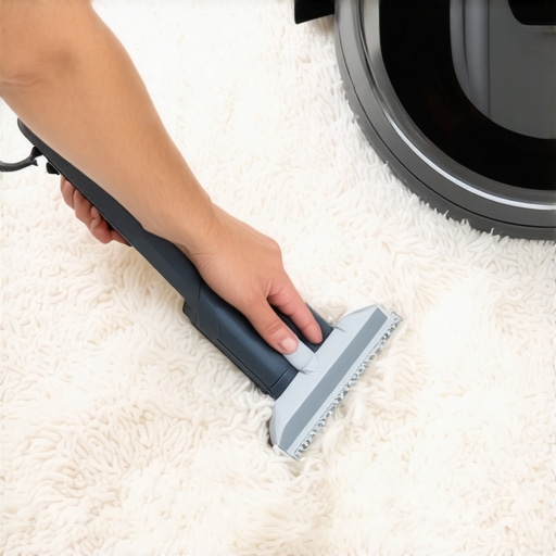 Using a Rubber Squeegee on White Wool Carpet A rubber squeegee removing pet hair from a luxury wool rug.