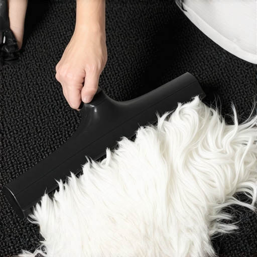 Close up of a squeegee removing pet hair from deep carpet pile
