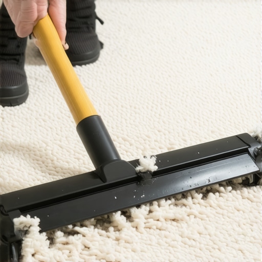 A person demonstrates pulling pet hair out of carpet fibers using a rubber squeegee tool.