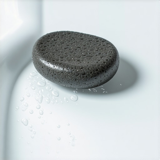 A wet grey pumice stone gently scrubbing a mineral ring inside a wet toilet bowl