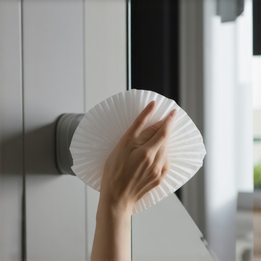 Using a coffee filter to clean a hotel mirror A hand cleaning a mirror with a coffee filter to avoid streaks and lint