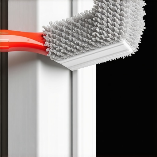 Close up of a foam brush cleaning a dirty window track