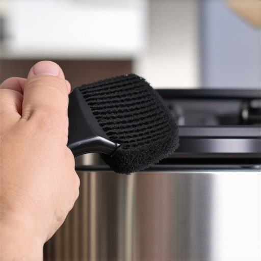 Person cleaning the gap behind an oven knob with a foam brush