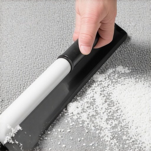 Using a squeegee to agitate commercial carpet Close up of a squeegee pulling sand out of low-pile office carpet fibers