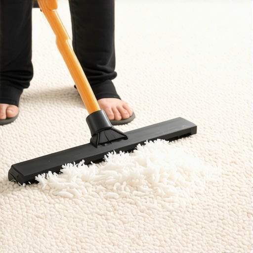 A close-up of a rubber squeegee pulling a clump of loose fibers from new carpet pile.