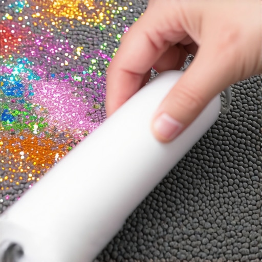 Close-up of lint roller lifting glitter from gray carpet