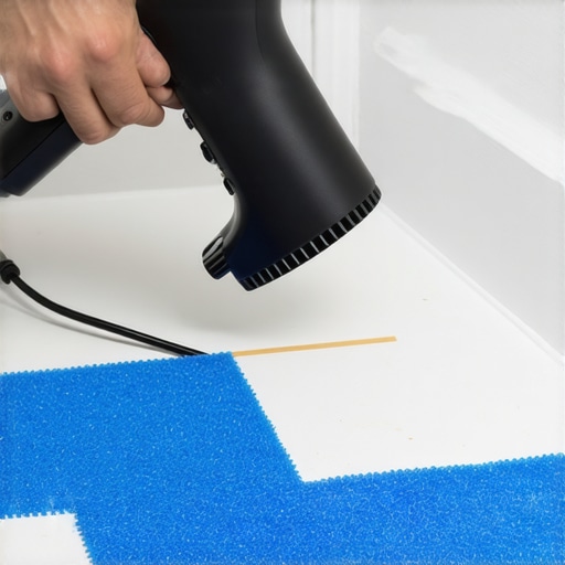 A person using a hairdryer to soften adhesive on blue painter's tape attached to a white wooden baseboard.