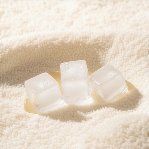 Ice cubes placed on a furniture dent in a cream carpet to restore fibers.
