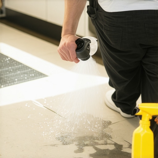A person cleaning tile grout with a safe pH-neutral solution.