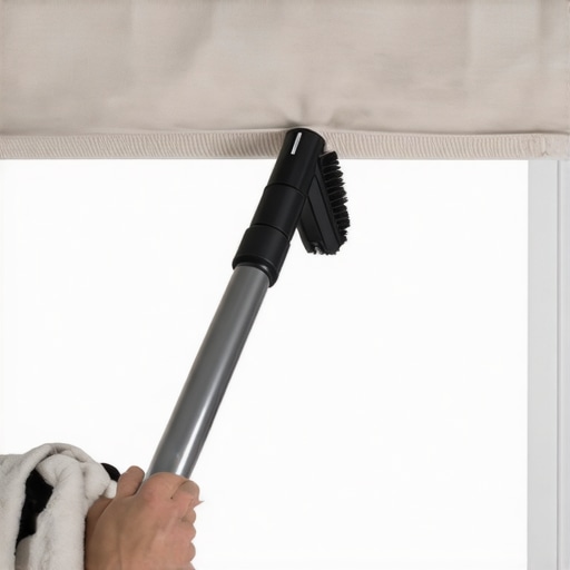 Using a vacuum brush attachment on a fabric valance to remove dust.