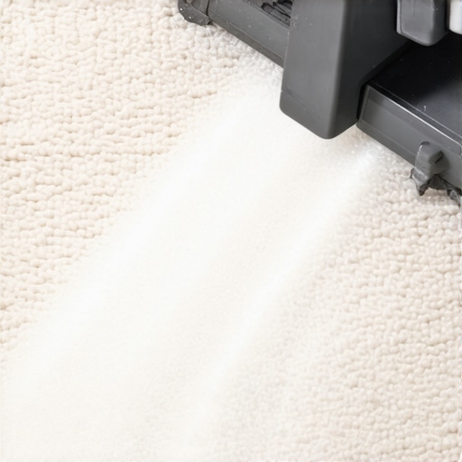 A high-efficiency vacuum removing fine drywall dust from a dark gray carpet.
