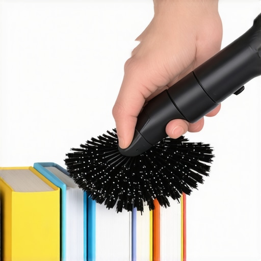 Close up of vacuuming dust from the top of books on a shelf using a soft brush attachment