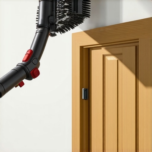 Close up of vacuuming heavy dust from high door moldings to improve air quality.