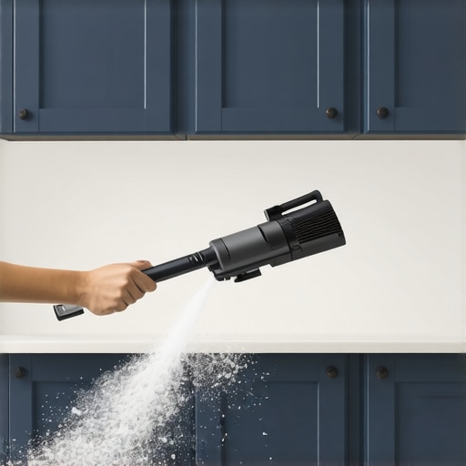 Handheld vacuum cleaning white drywall dust off dark blue kitchen cabinets
