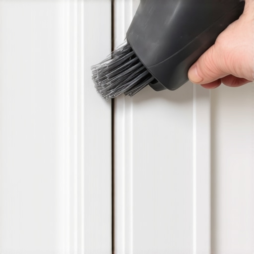 A person using a vacuum attachment to clean dust from the top of a door frame trim.