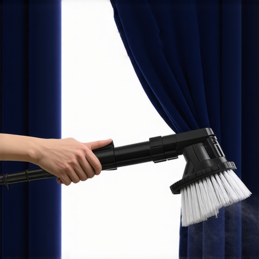 Close up of cleaning dust from velvet curtains with a soft brush vacuum attachment