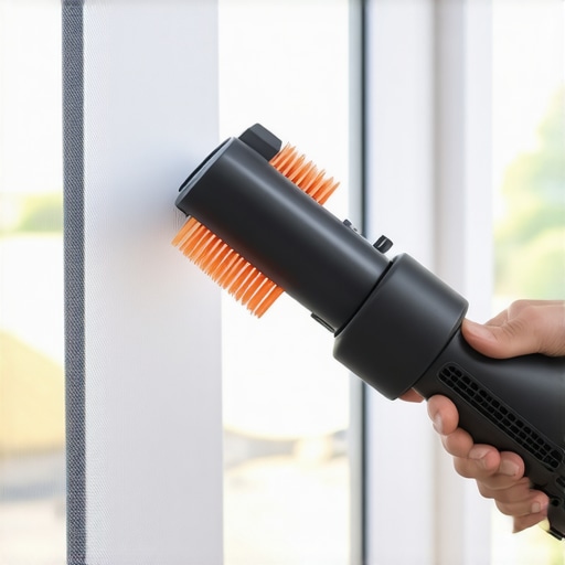 A detailed view of a vacuum brush removing dust from a window screen mesh while it remains in the frame.