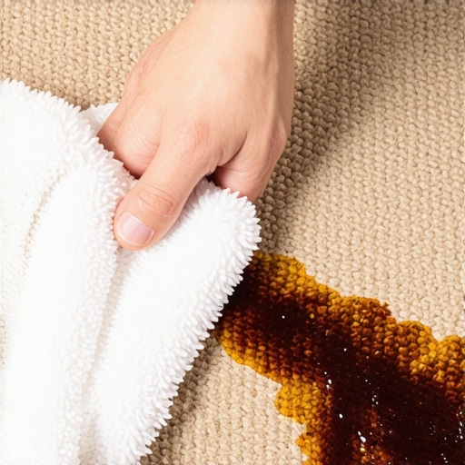 Close-up of blotting a coffee stain on a loop-pile carpet with a white cloth