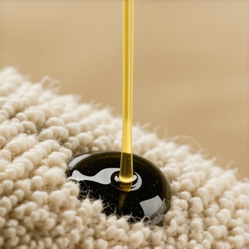Macro view of a stain wicking up carpet fibers from the backing to the surface.