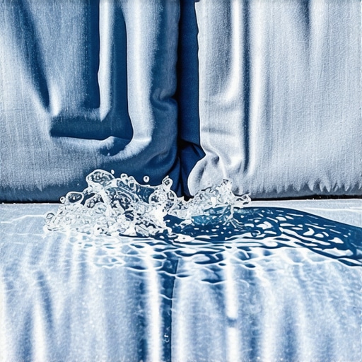 Water beading on protected outdoor fabric Water droplets sitting on top of a weather-treated navy blue patio cushion.