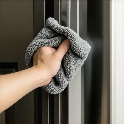 Close up of a hand cleaning a stainless steel refrigerator door with a cloth