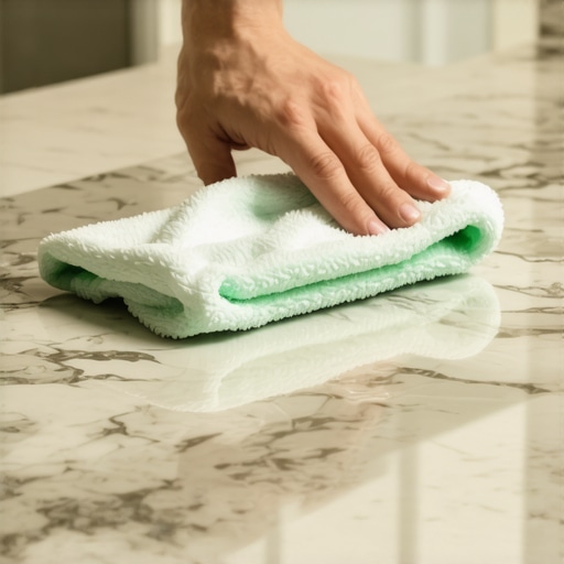 A person cleaning a new stone countertop using a microfiber cloth to remove residue.